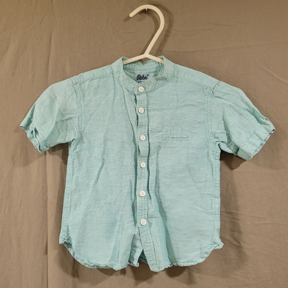 Rebel by primark 2-3yrs blue green linen cotton short sleeve button up shirt